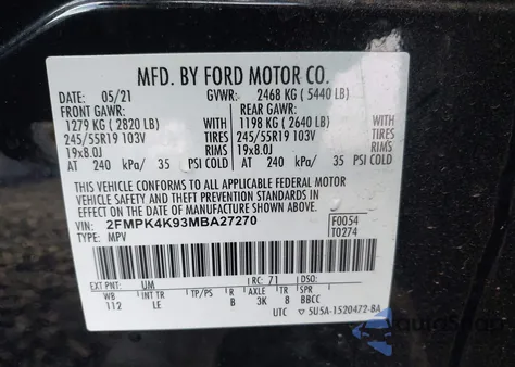 2021 Ford Edge Titanium z USA, uszkodzony, nr VIN 2FMPK4K93MBA27270